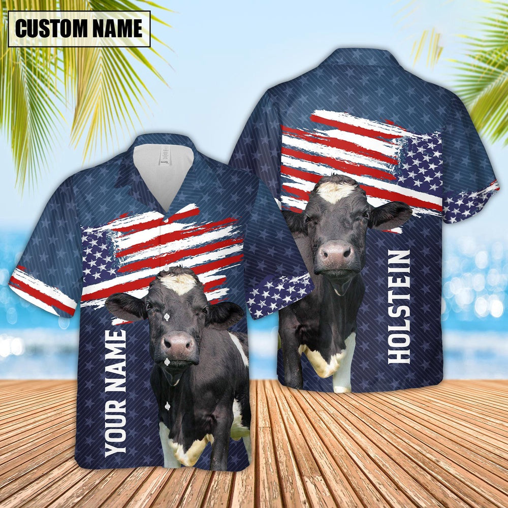Custom Name Holstein US Flag Pattern Hawaiian Shirt, Farm Hawaiian Shirt, Farmer Hawaii