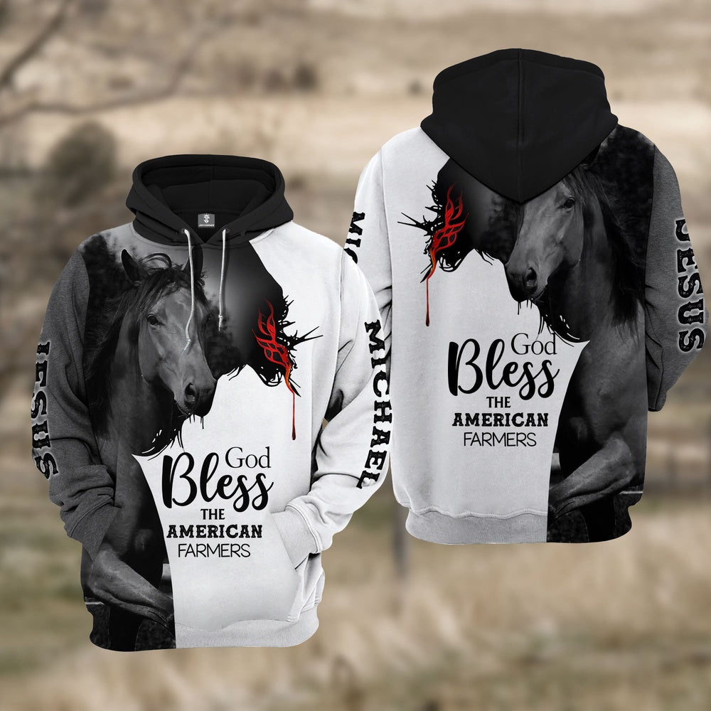 Custom Name Horse 3D JESUS Blessing Hoodie, Farmer Hoodie, Custom Farm Shirts, Farmer T Shirt