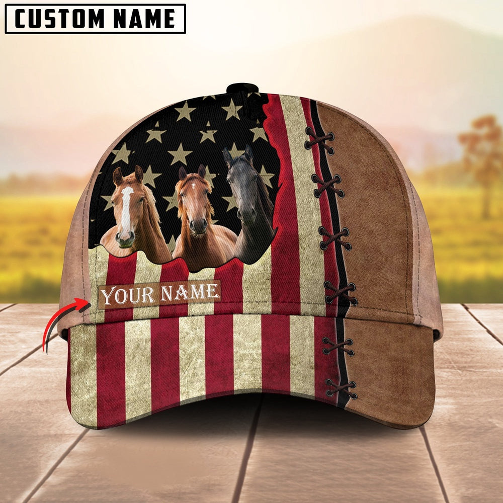 Custom Name Horse American Flag And Leather Pattern Classic Cap, Farmer Cap, Vintage Farmer Hat, Mens Farmer Hats, Cap For Farmers