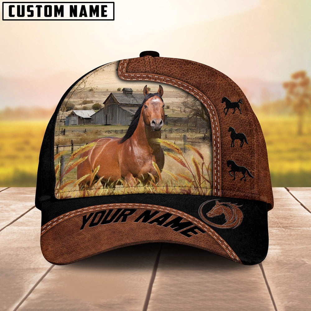 Custom Name Horse Brown Black Leather Pattern Cap, Farmer Cap, Vintage Farmer Hat, Mens Farmer Hats, Cap For Farmers