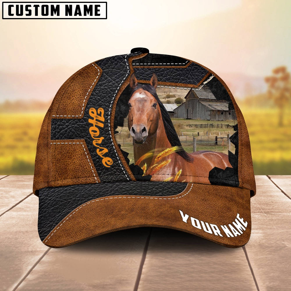 Custom Name Horse Brown Leather Pattern 3D Cap, Farmer Cap, Vintage Farmer Hat, Mens Farmer Hats, Cap For Farmers