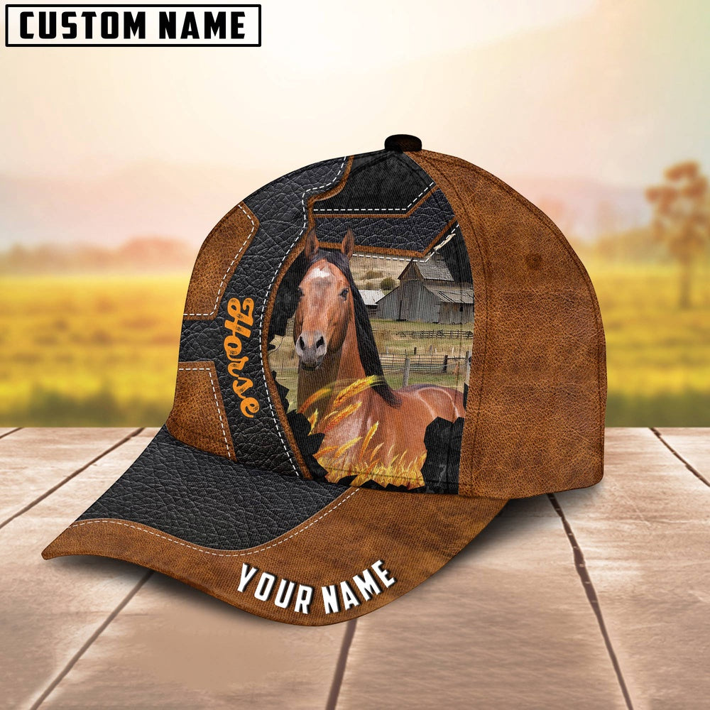 Custom Name Horse Brown Leather Pattern 3D Cap, Farmer Cap, Vintage Farmer Hat, Mens Farmer Hats, Cap For Farmers