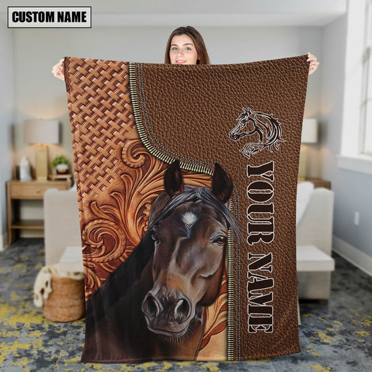 Custom Name Horse Leather Carving Blanket, Farm Blanket, Farm Animal Blanket