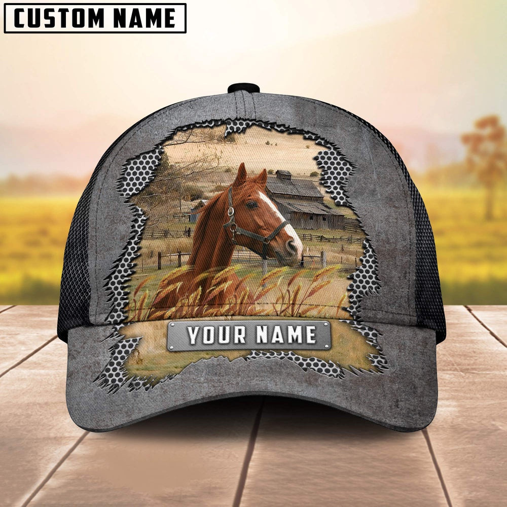 Custom Name Horse Metal Pattern Cap, Farmer Cap, Vintage Farmer Hat, Mens Farmer Hats, Cap For Farmers