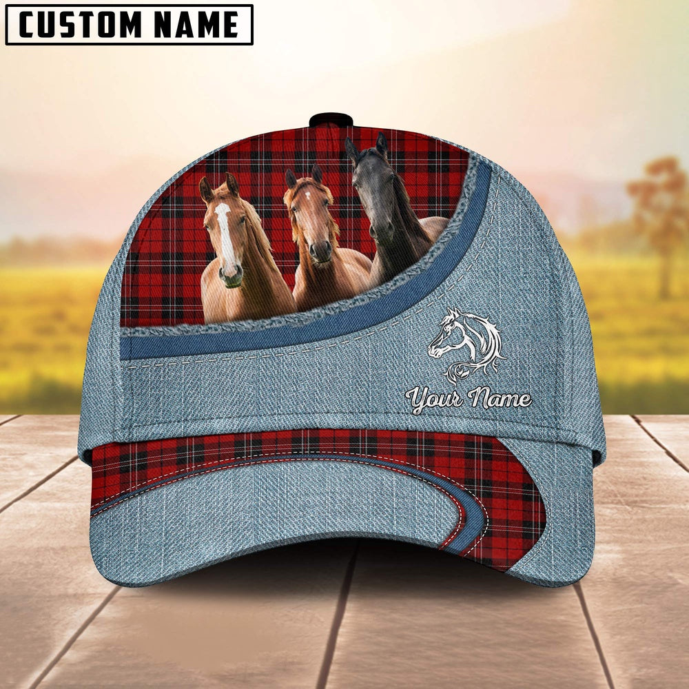 Custom Name Horse Red Caro And Jean Pattern Classic Cap, Farmer Cap, Vintage Farmer Hat, Mens Farmer Hats, Cap For Farmers