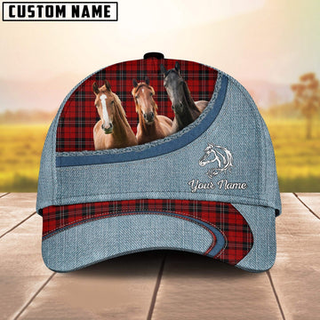 Custom Name Horse Red Caro And Jean Pattern Classic Cap, Farmer Cap, Vintage Farmer Hat, Mens Farmer Hats, Cap For Farmers