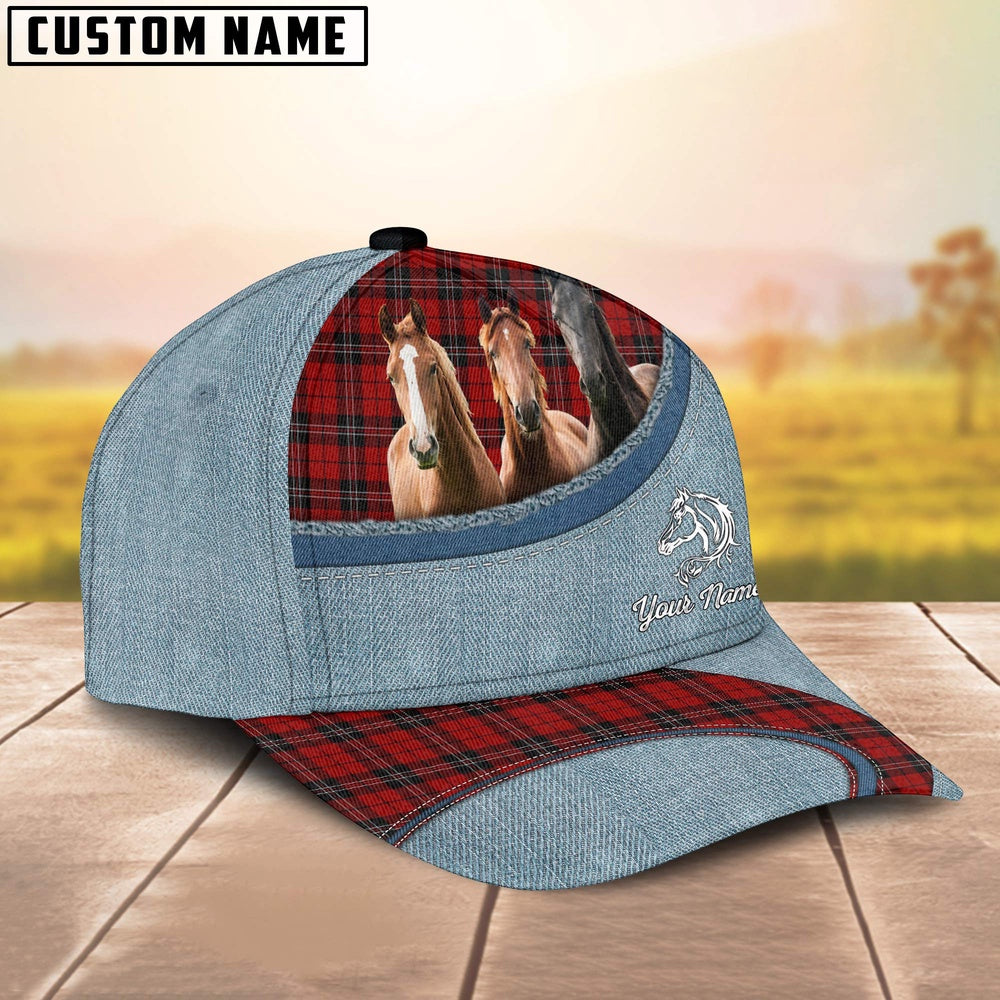 Custom Name Horse Red Caro And Jean Pattern Classic Cap, Farmer Cap, Vintage Farmer Hat, Mens Farmer Hats, Cap For Farmers
