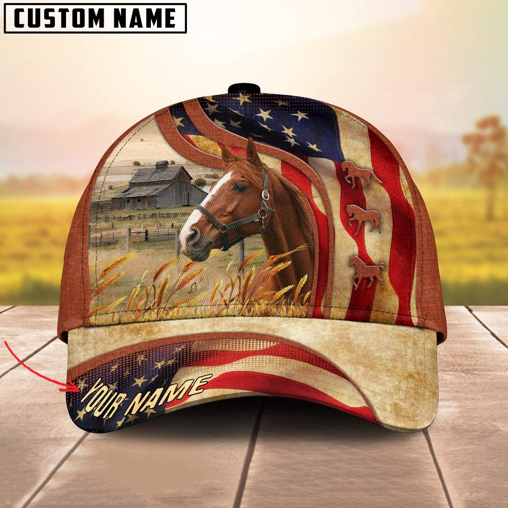 Custom Name Horse US Flag 3D Cap, Farmer Cap, Vintage Farmer Hat, Mens Farmer Hats, Cap For Farmers