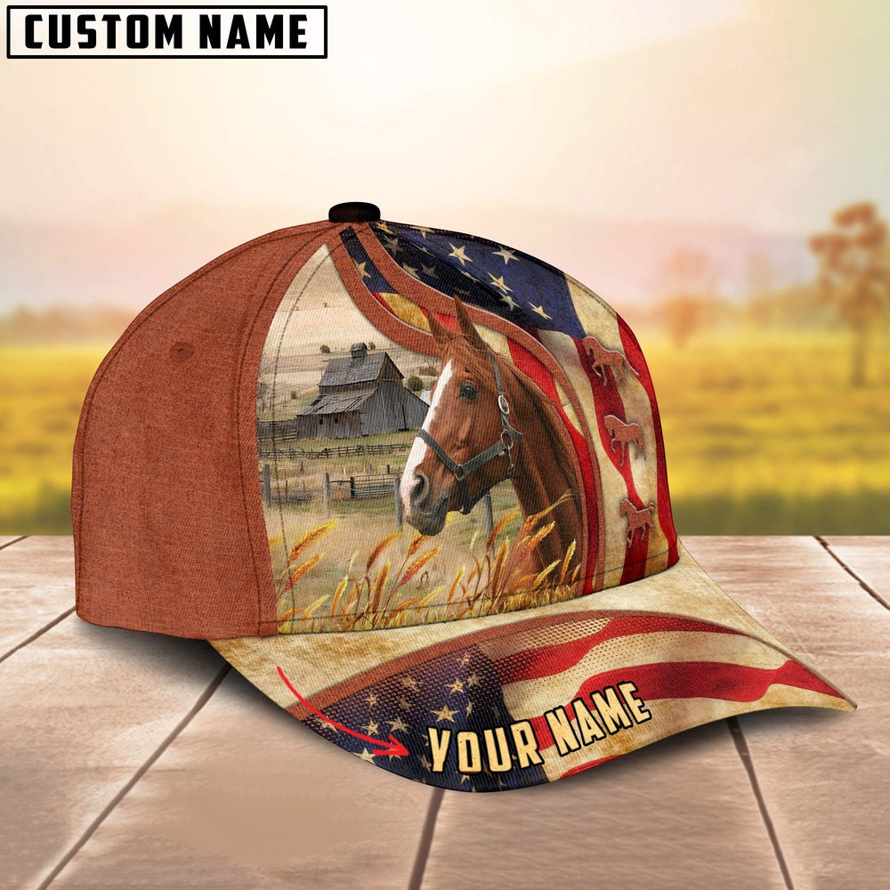 Custom Name Horse US Flag 3D Cap, Farmer Cap, Vintage Farmer Hat, Mens Farmer Hats, Cap For Farmers