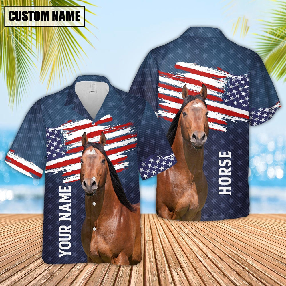 Custom Name Horse US Flag Pattern Hawaiian Shirt, Farm Hawaiian Shirt, Farmer Hawaii