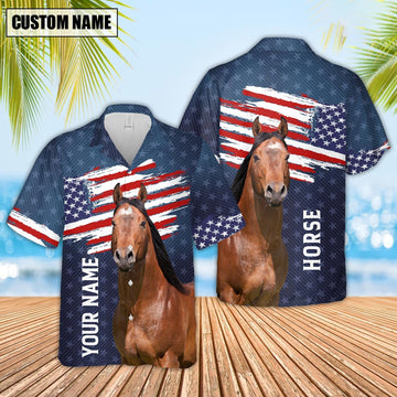Custom Name Horse US Flag Pattern Hawaiian Shirt, Farm Hawaiian Shirt, Farmer Hawaii