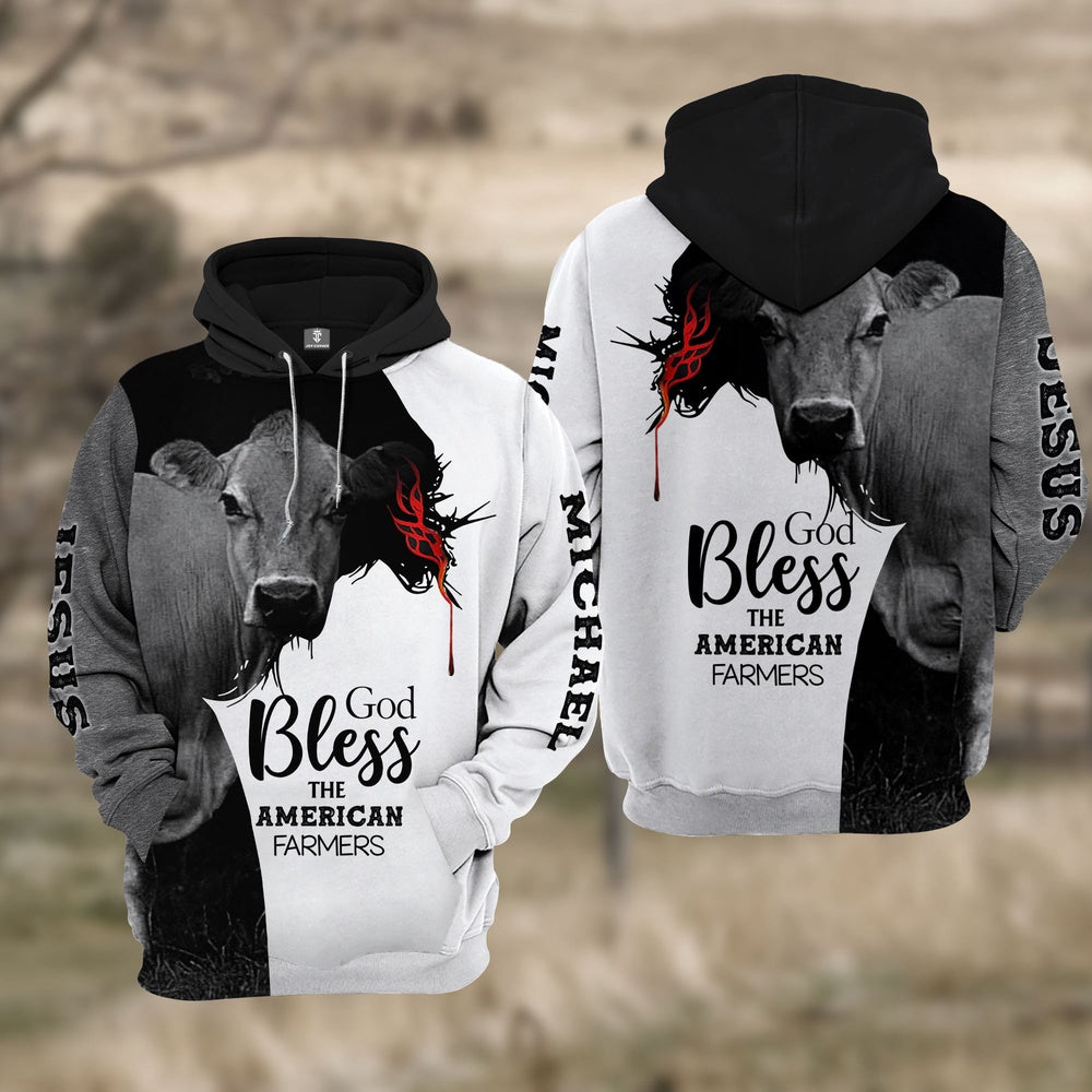 Custom Name Jersey Cattle 3D JESUS Blessing Hoodie, Farmer Hoodie, Custom Farm Shirts, Farmer T Shirt
