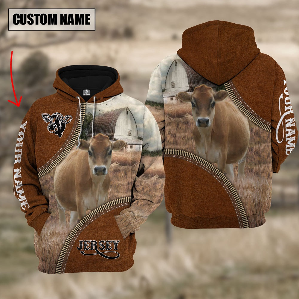 Custom Name Jersey Cattle Leather Zipper 3D Hoodie, Farmer Hoodie, Custom Farm Shirts, Farmer T Shirt