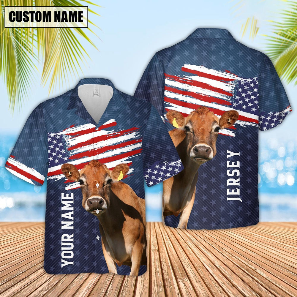 Custom Name Jersey Cattle US Flag Pattern Hawaiian Shirt, Farm Hawaiian Shirt, Farmer Hawaii