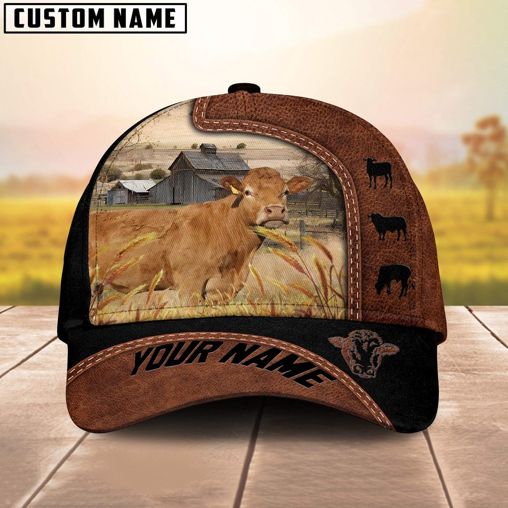 Custom Name Limousin Brown Black Leather Pattern Cap, Farmer Cap, Vintage Farmer Hat, Mens Farmer Hats, Cap For Farmers