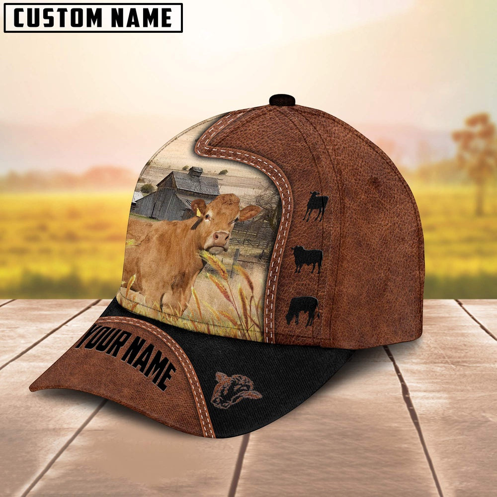 Custom Name Limousin Brown Black Leather Pattern Cap, Farmer Cap, Vintage Farmer Hat, Mens Farmer Hats, Cap For Farmers