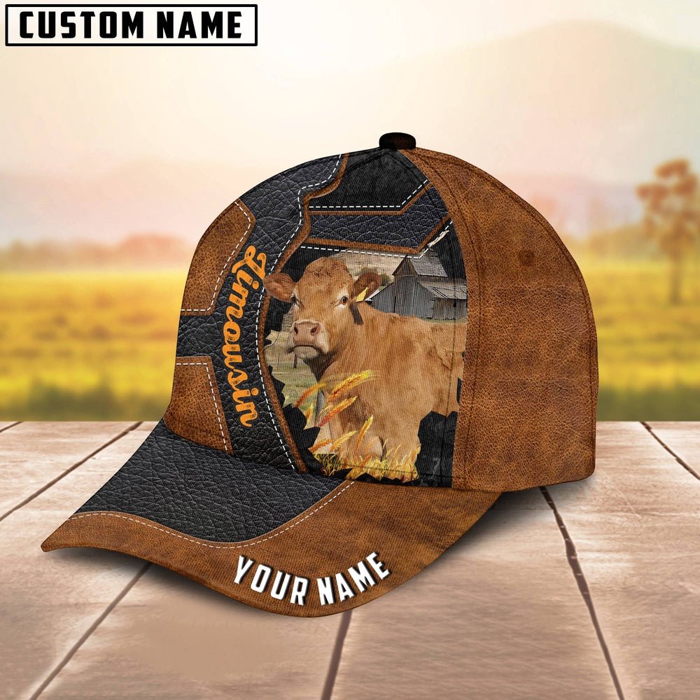 Custom Name Limousin Brown Leather Pattern 3D Cap, Farmer Cap, Vintage Farmer Hat, Mens Farmer Hats, Cap For Farmers
