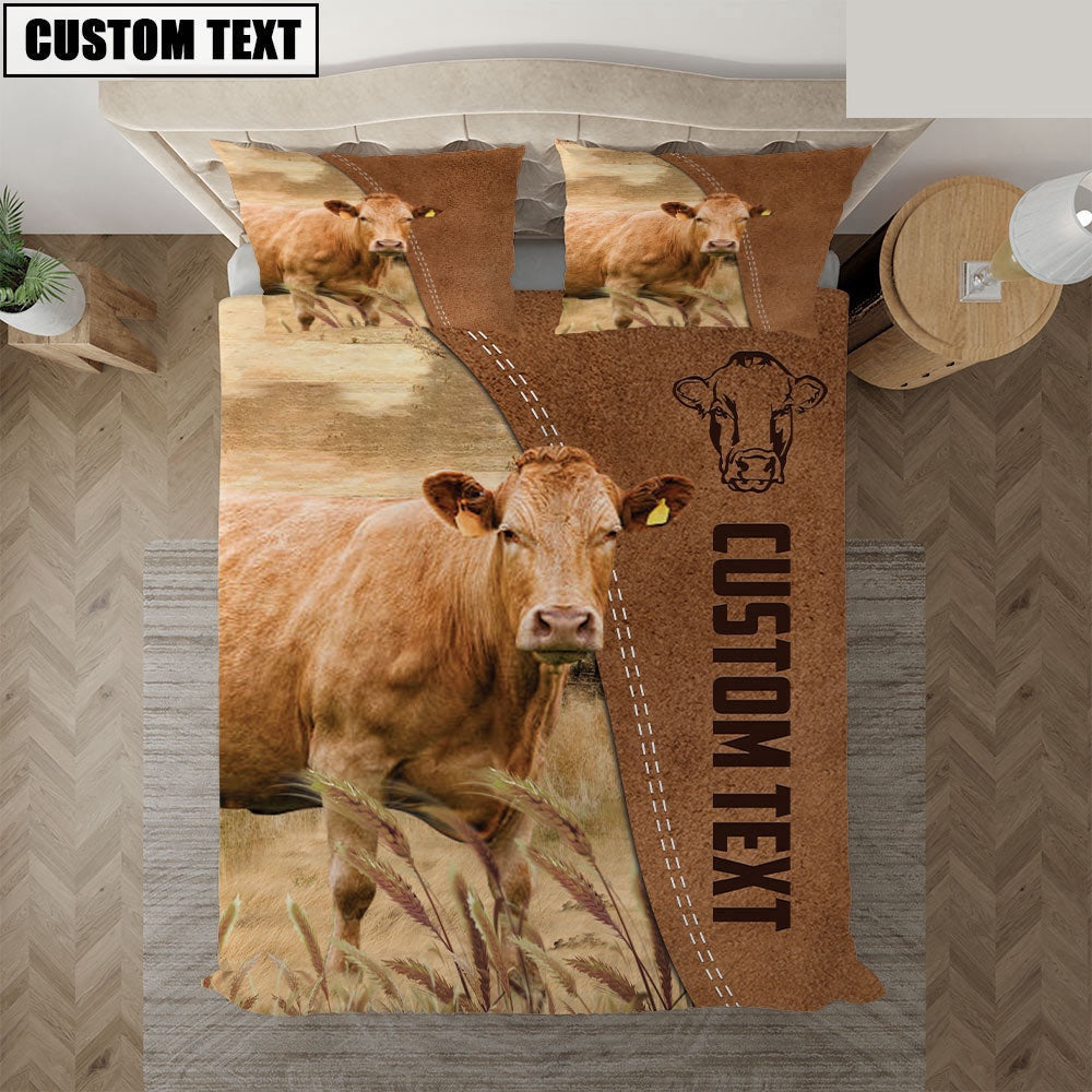 Custom Name Limousin Cattle Brown Bedding Set, Farm Bedding Set, Farmhouse Bedding Set