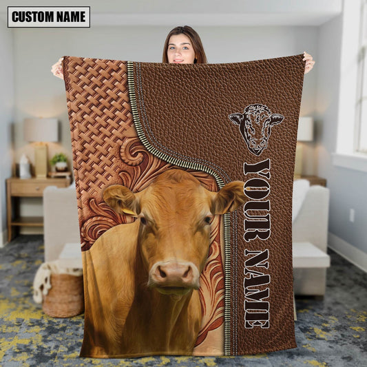 Custom Name Limousin Cattle Leather Carving Blanket, Farm Blanket, Farm Animal Blanket