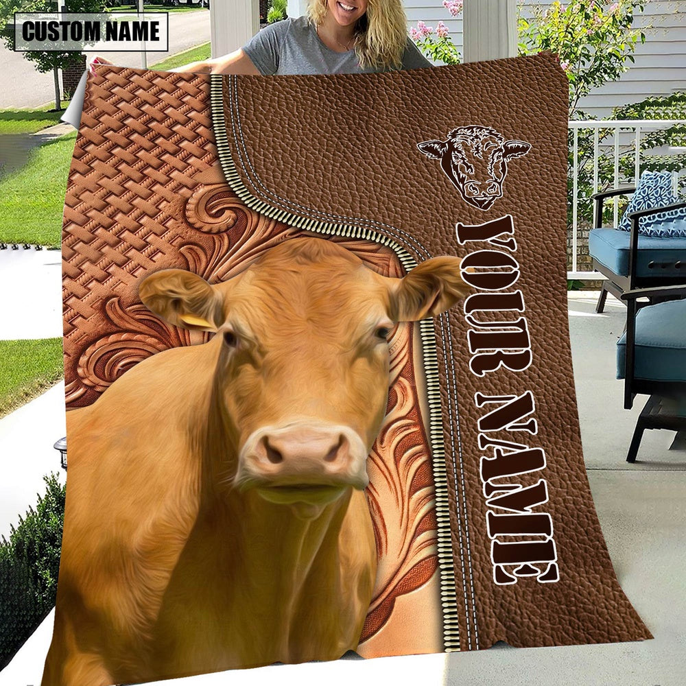 Custom Name Limousin Cattle Leather Carving Blanket, Farm Blanket, Farm Animal Blanket