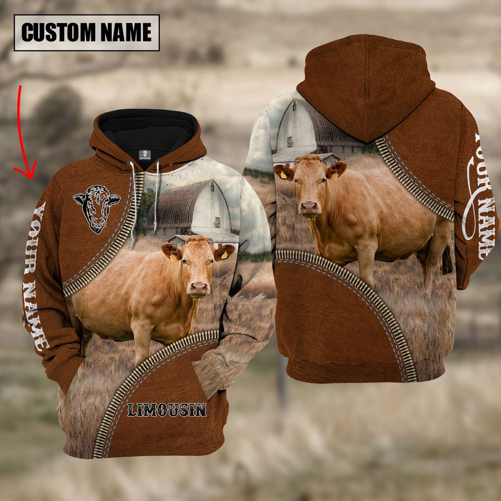 Custom Name Limousin Cattle Leather Zipper 3D Hoodie, Farmer Hoodie, Custom Farm Shirts, Farmer T Shirt