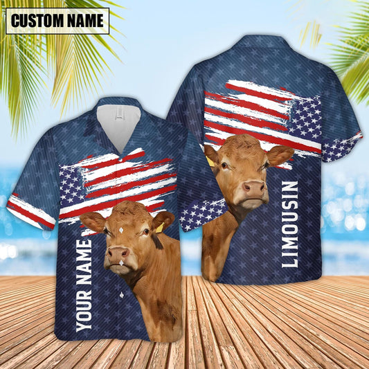 Custom Name Limousin Cattle US Flag Pattern Hawaiian Shirt, Farm Hawaiian Shirt, Farmer Hawaii
