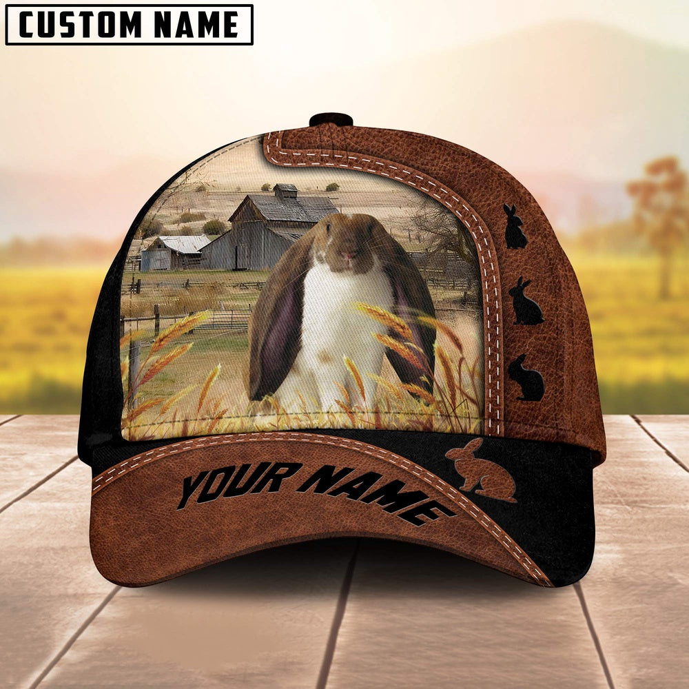 Custom Name Lop Eared Rabbit Brown Black Leather Pattern Cap, Farmer Cap, Vintage Farmer Hat, Mens Farmer Hats, Cap For Farmers