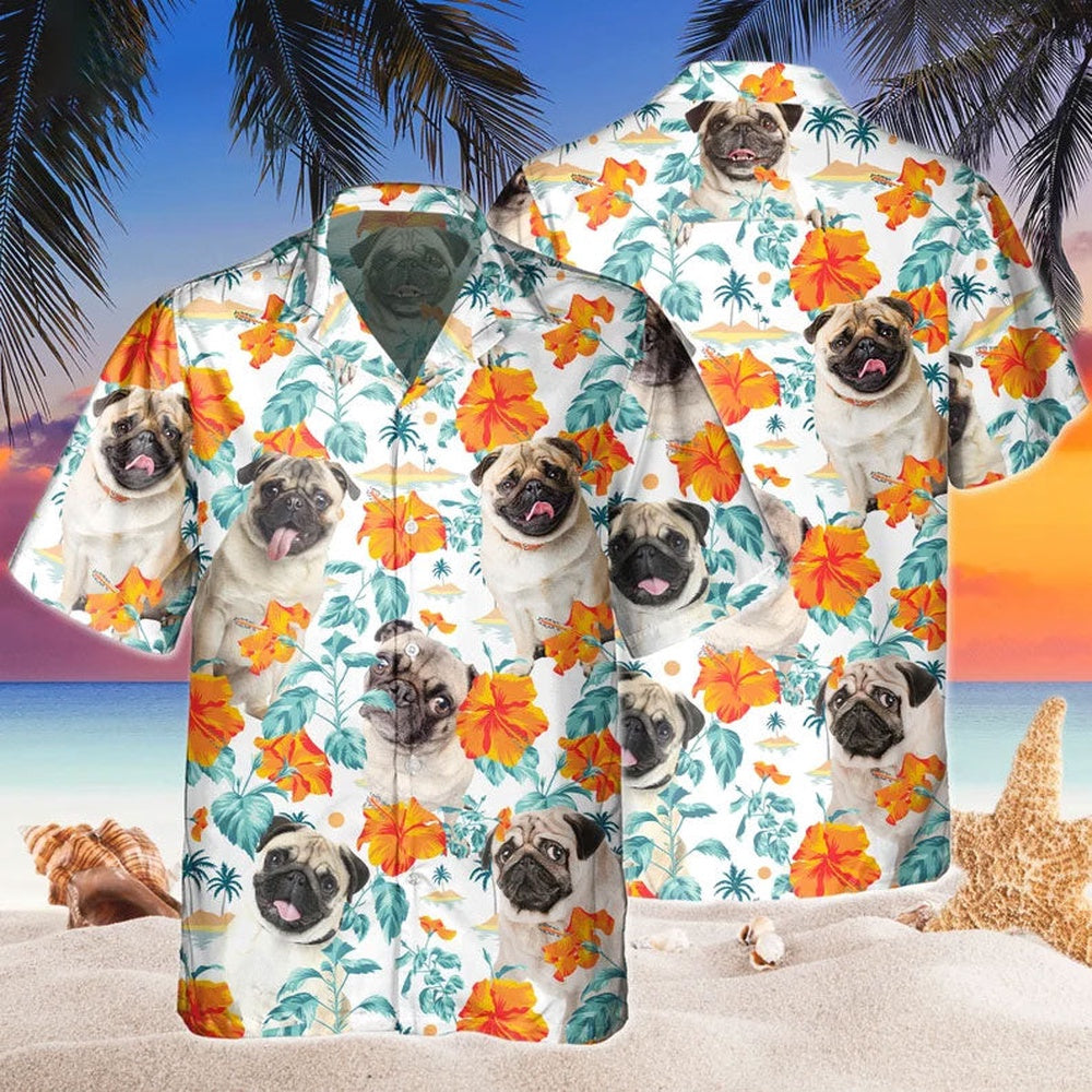Custom Name Pug Dog Hibiscus Flowers All 3D Printed Hawaiian shirt, Farm Hawaiian Shirt, Farmer Hawaii