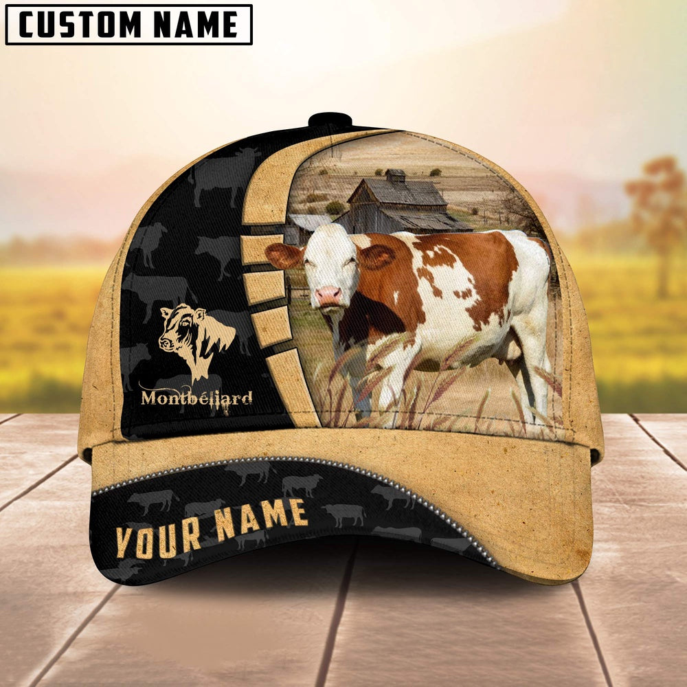 Custom Name Race Montbéliard Cattle 3D Cap, Farmer Cap, Vintage Farmer Hat, Mens Farmer Hats, Cap For Farmers