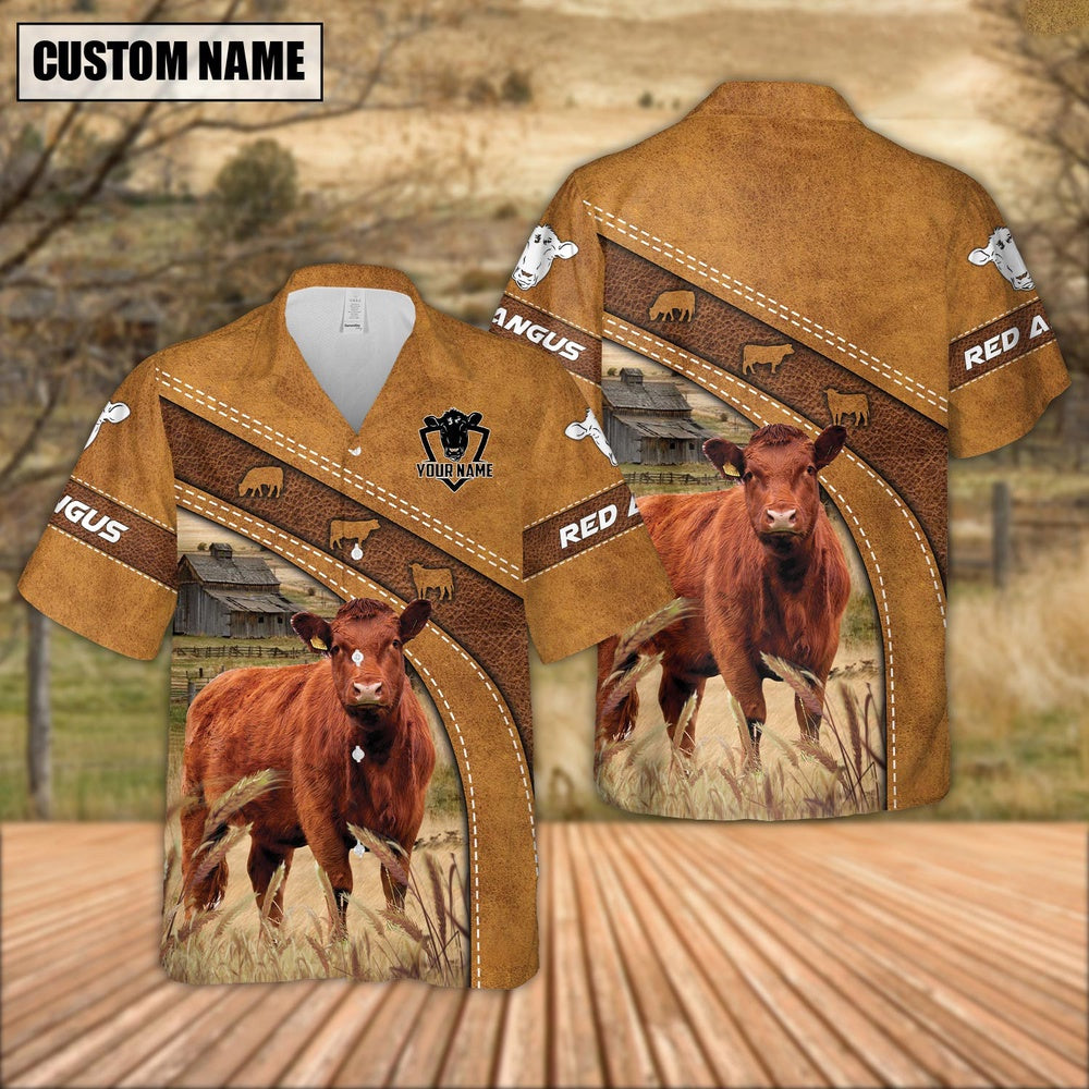 Custom Name Red Angus Leather Pattern Hawaiian Shirt, Farm Hawaiian Shirt, Farmer Hawaii
