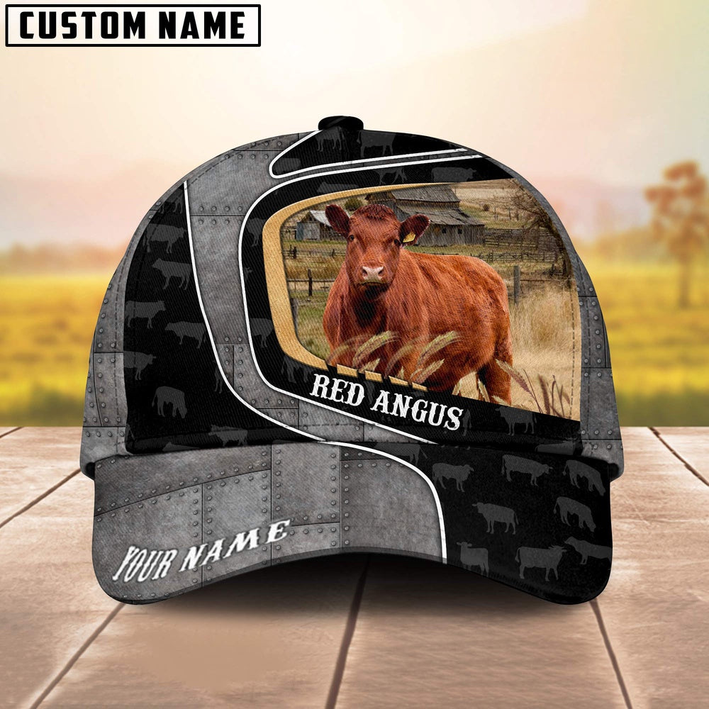 Custom Name Red Angus Metal Pattern Cap, Farmer Cap, Vintage Farmer Hat, Mens Farmer Hats, Cap For Farmers
