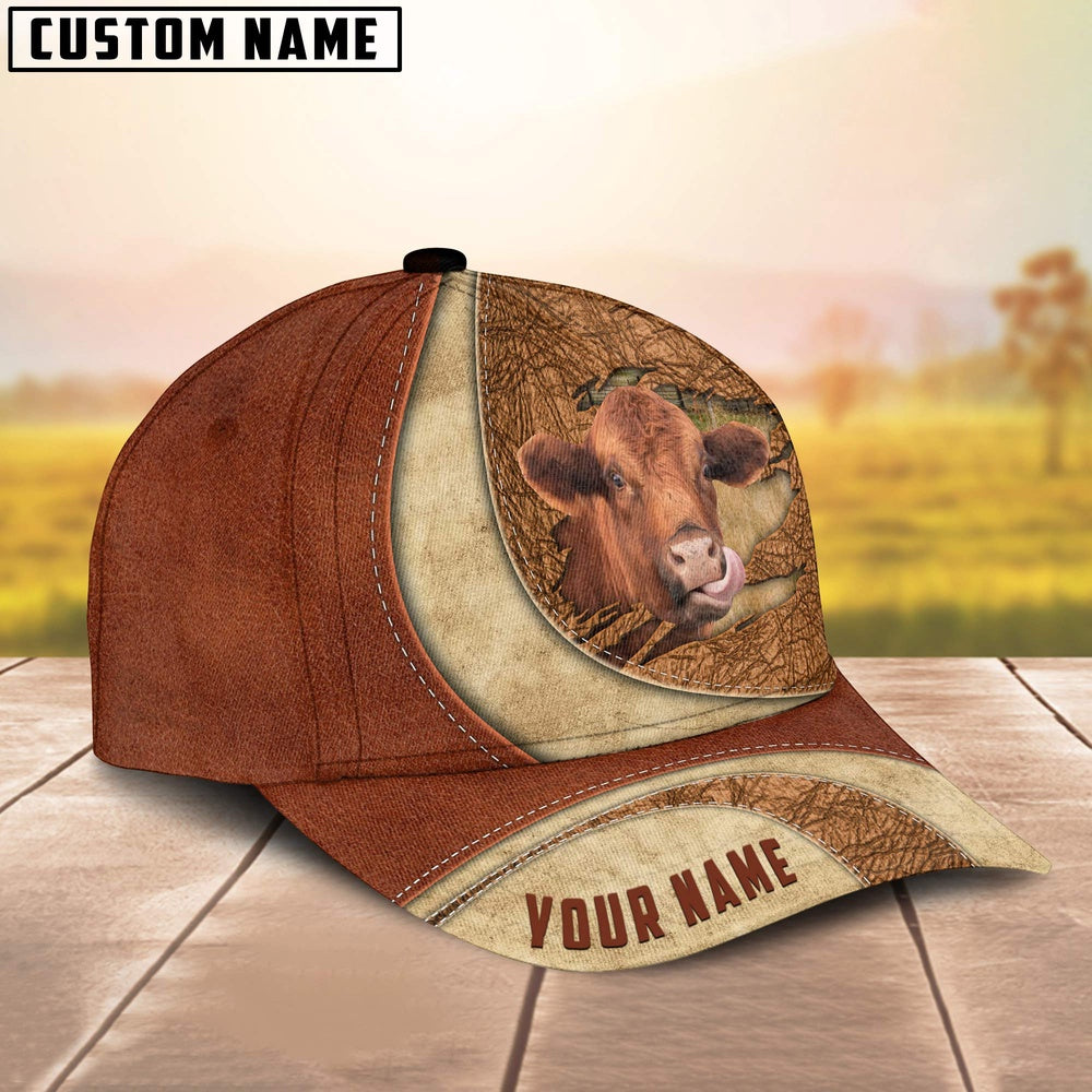 Custom Name Red Angus Torn Leather Pattern Classic Cap, Farmer Cap, Vintage Farmer Hat, Mens Farmer Hats, Cap For Farmers