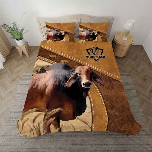 Custom Name Red Brahman Bedding Set, Farm Bedding Set, Farmhouse Bedding Set
