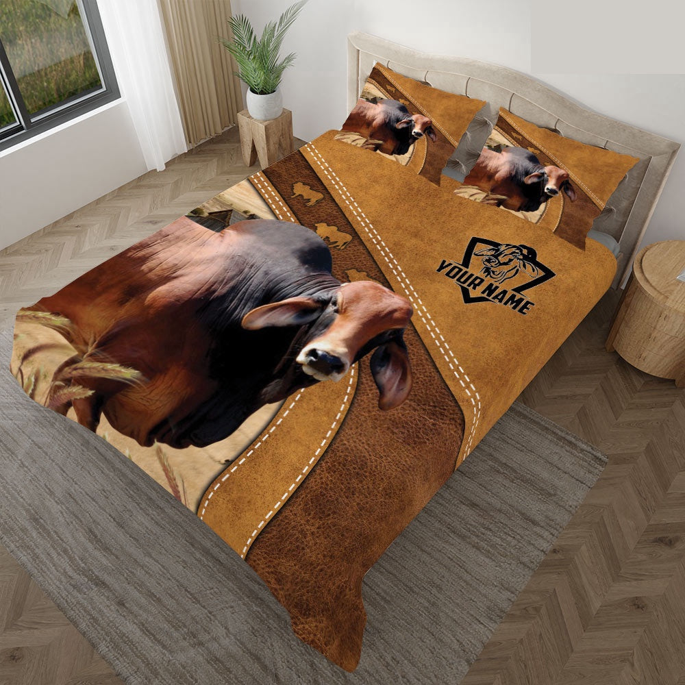 Custom Name Red Brahman Bedding Set, Farm Bedding Set, Farmhouse Bedding Set