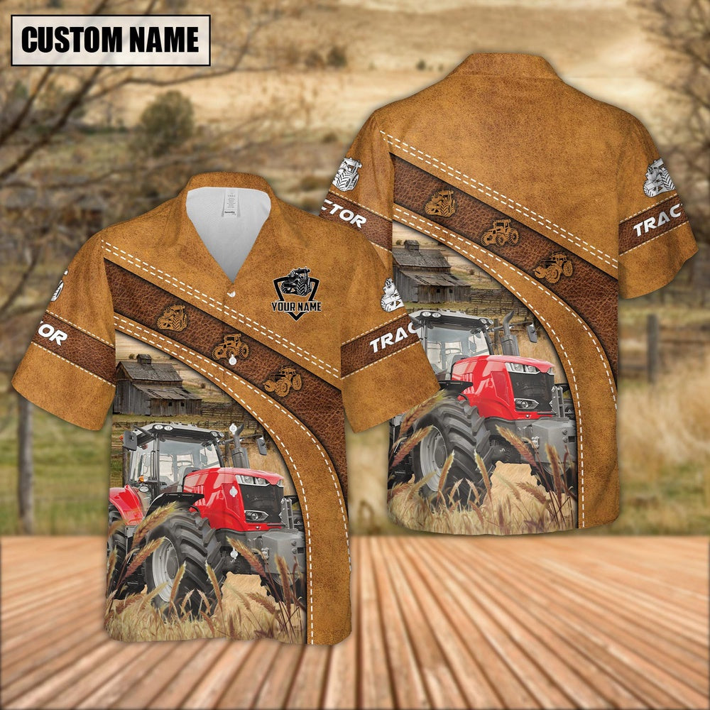 Custom Name Red Tractor Leather Pattern Hawaiian Shirt, Farm Hawaiian Shirt, Farmer Hawaii
