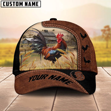 Custom Name Rooster Brown Black Leather Pattern Cap, Farmer Cap, Vintage Farmer Hat, Mens Farmer Hats, Cap For Farmers