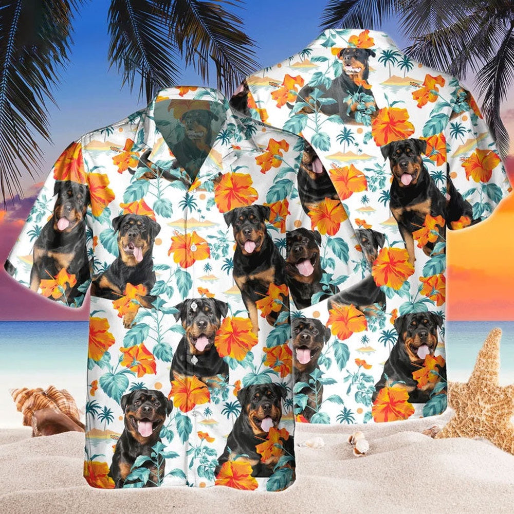 Custom Name Rottweiler Dog Hibiscus Flowers All 3D Printed Hawaiian shirt, Farm Hawaiian Shirt, Farmer Hawaii