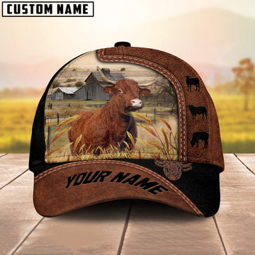 Custom Name Salers Cattle Brown Black Leather Pattern Cap, Farmer Cap, Vintage Farmer Hat, Mens Farmer Hats, Cap For Farmers