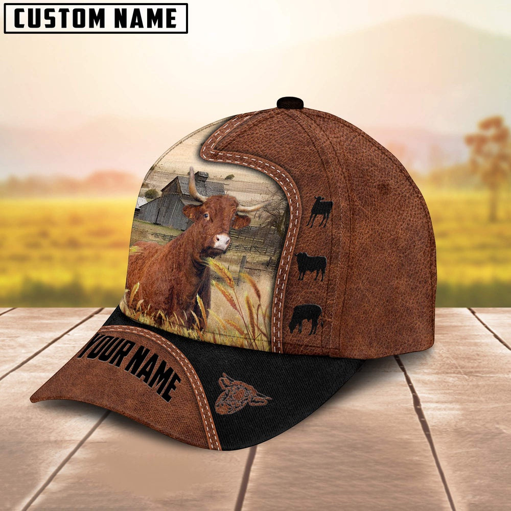 Custom Name Salers Cattle Brown Black Leather Pattern Cap, Farmer Cap, Vintage Farmer Hat, Mens Farmer Hats, Cap For Farmers