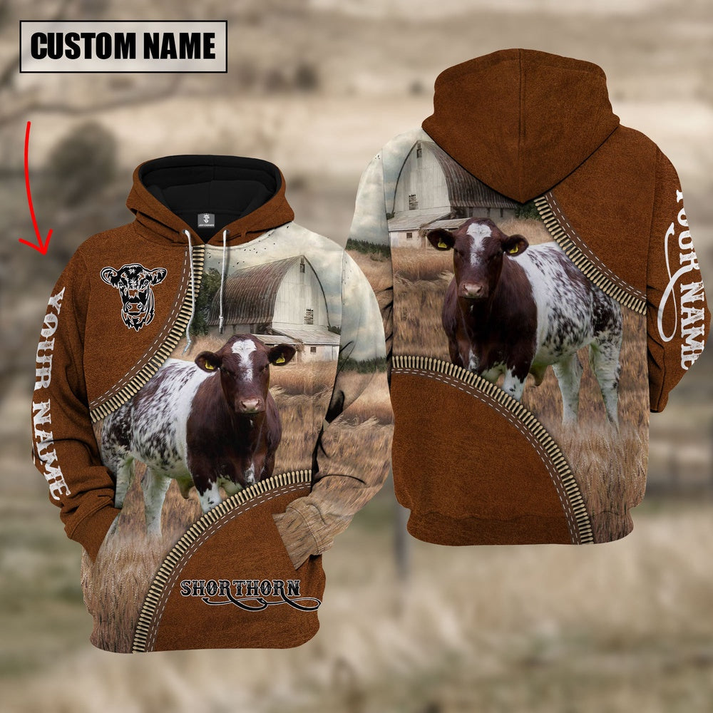 Custom Name Shorthorn Cattle Leather Zipper 3D Hoodie, Farmer Hoodie, Custom Farm Shirts, Farmer T Shirt