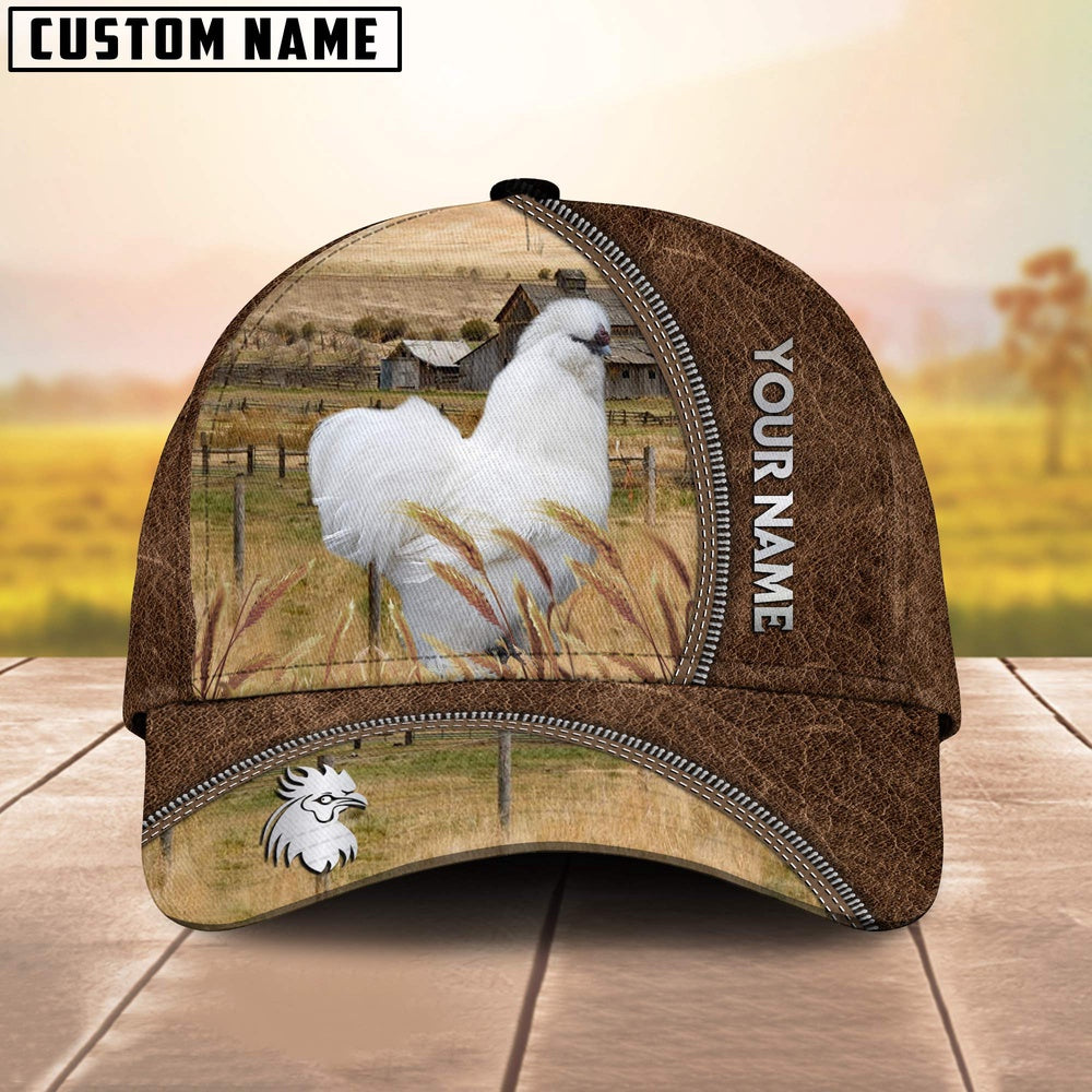 Custom Name Silkies Chicken Brown Leather Pattern Cap, Farmer Cap, Vintage Farmer Hat, Mens Farmer Hats, Cap For Farmers
