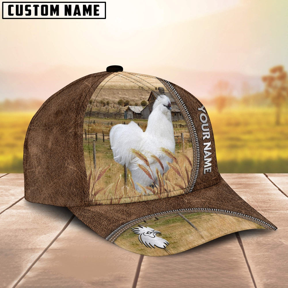 Custom Name Silkies Chicken Brown Leather Pattern Cap, Farmer Cap, Vintage Farmer Hat, Mens Farmer Hats, Cap For Farmers