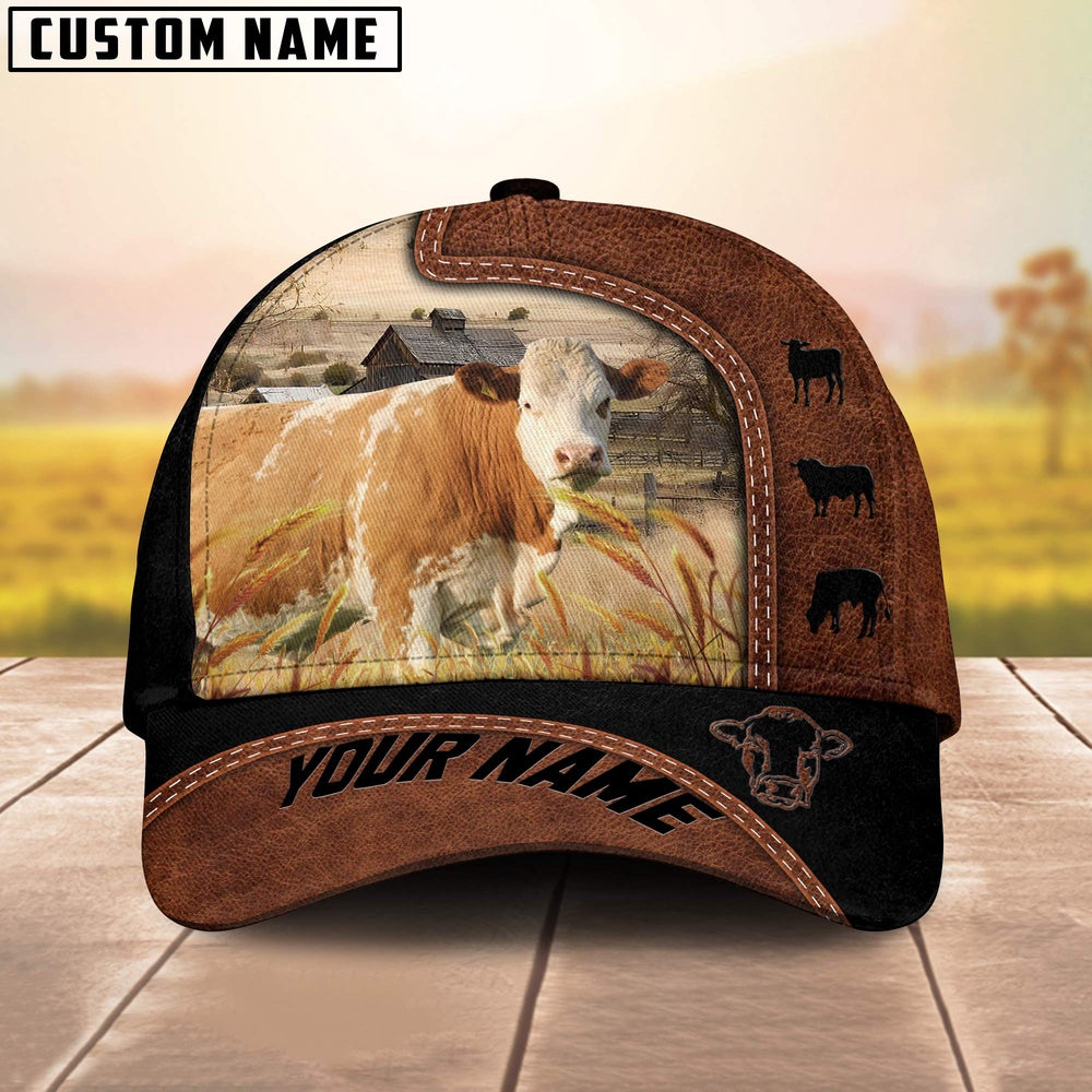 Custom Name Simmental Brown Black Leather Pattern Cap, Farmer Cap, Vintage Farmer Hat, Mens Farmer Hats, Cap For Farmers