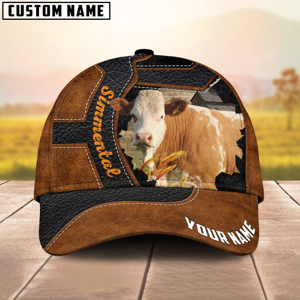 Custom Name Simmental Brown Leather Pattern 3D Cap, Farmer Cap, Vintage Farmer Hat, Mens Farmer Hats, Cap For Farmers