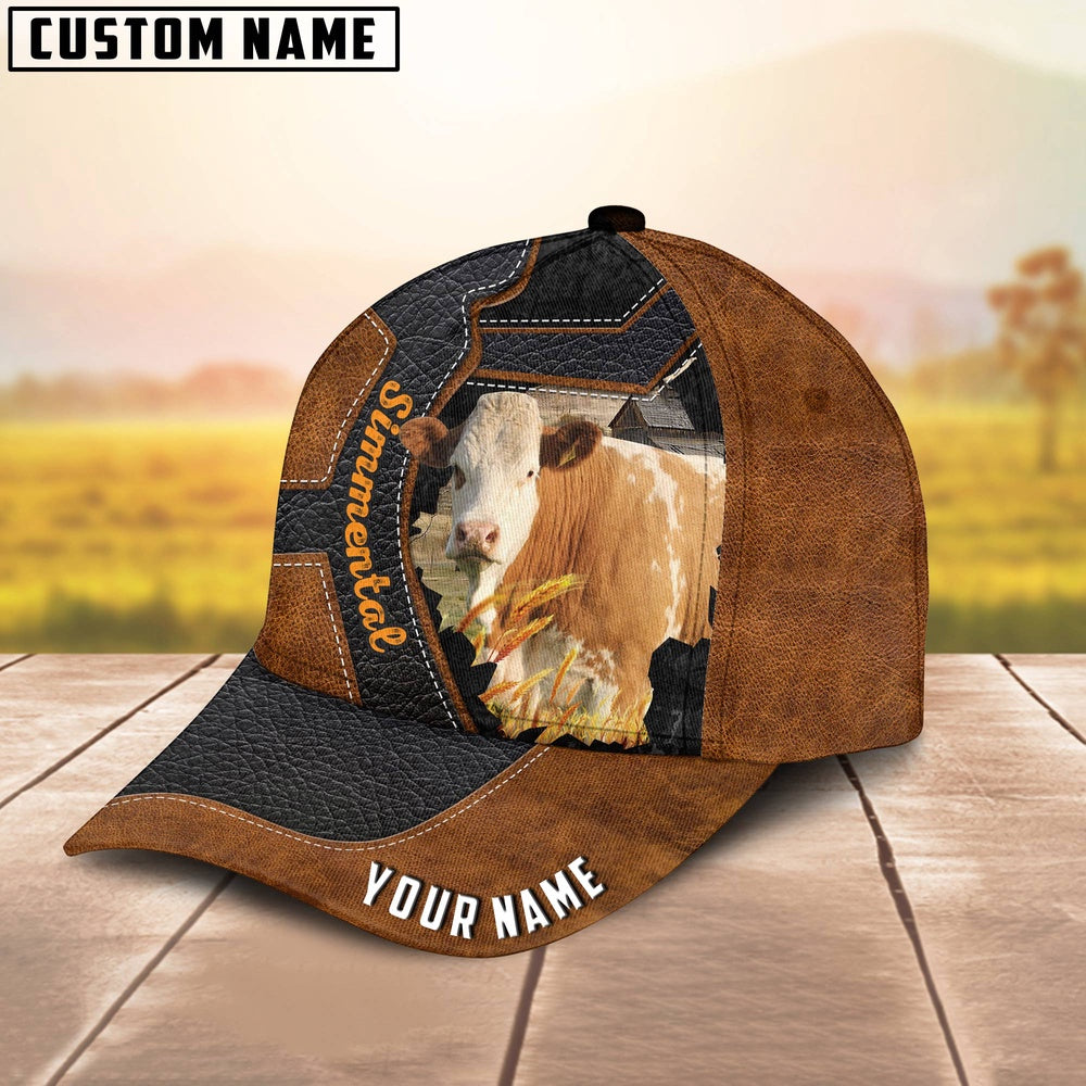 Custom Name Simmental Brown Leather Pattern 3D Cap, Farmer Cap, Vintage Farmer Hat, Mens Farmer Hats, Cap For Farmers
