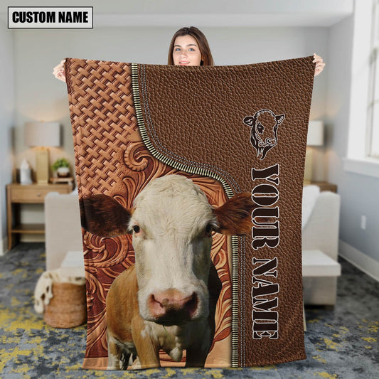 Custom Name Simmental Cattle Leather Carving Blanket, Farm Blanket, Farm Animal Blanket