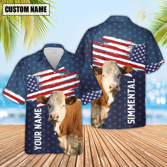 Custom Name Simmental US Flag Pattern Hawaiian Shirt, Farm Hawaiian Shirt, Farmer Hawaii