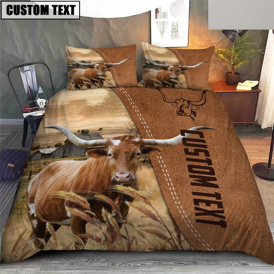 Custom Name TX Longhorn Cattle Brown Bedding Set, Farm Bedding Set, Farmhouse Bedding Set