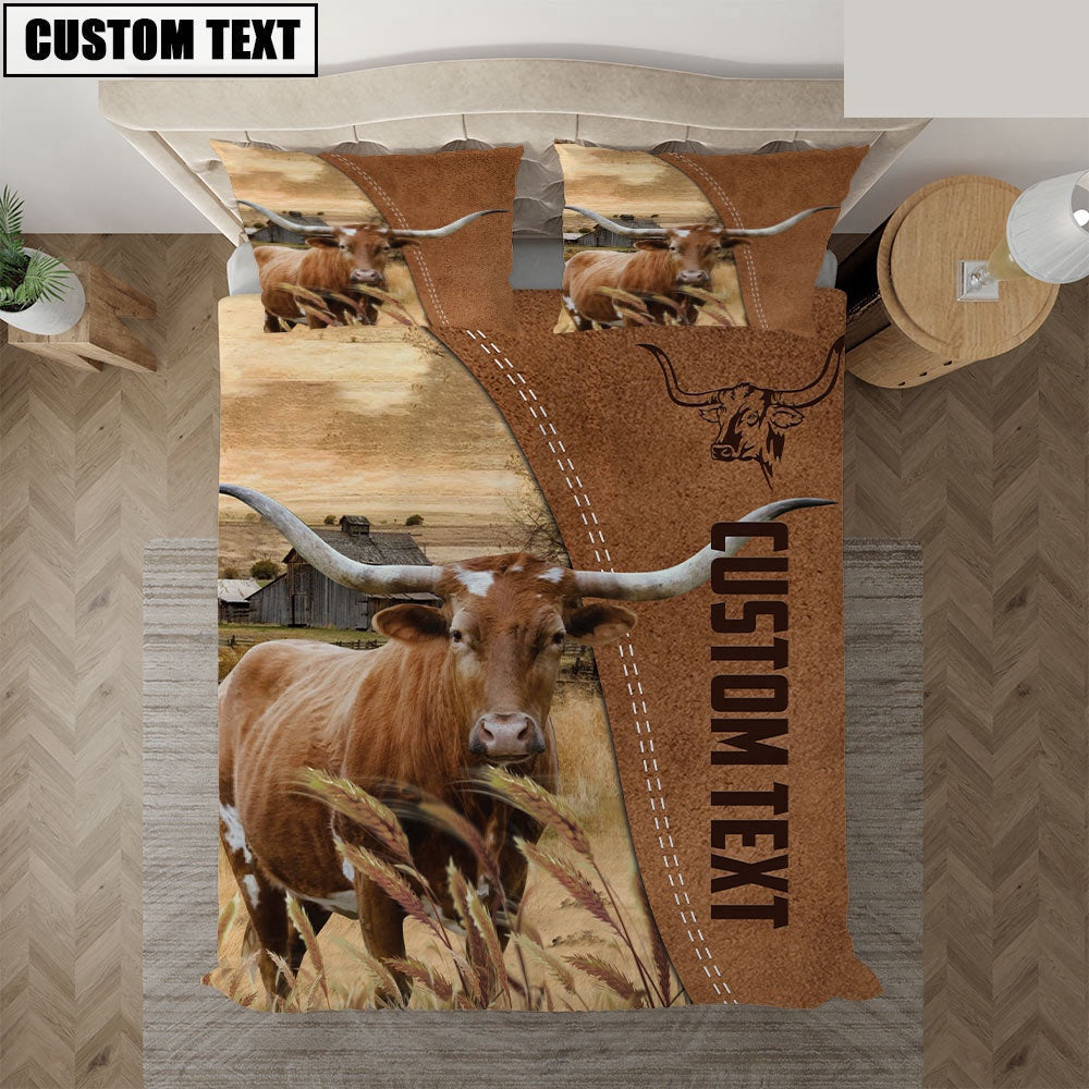 Custom Name TX Longhorn Cattle Brown Bedding Set, Farm Bedding Set, Farmhouse Bedding Set