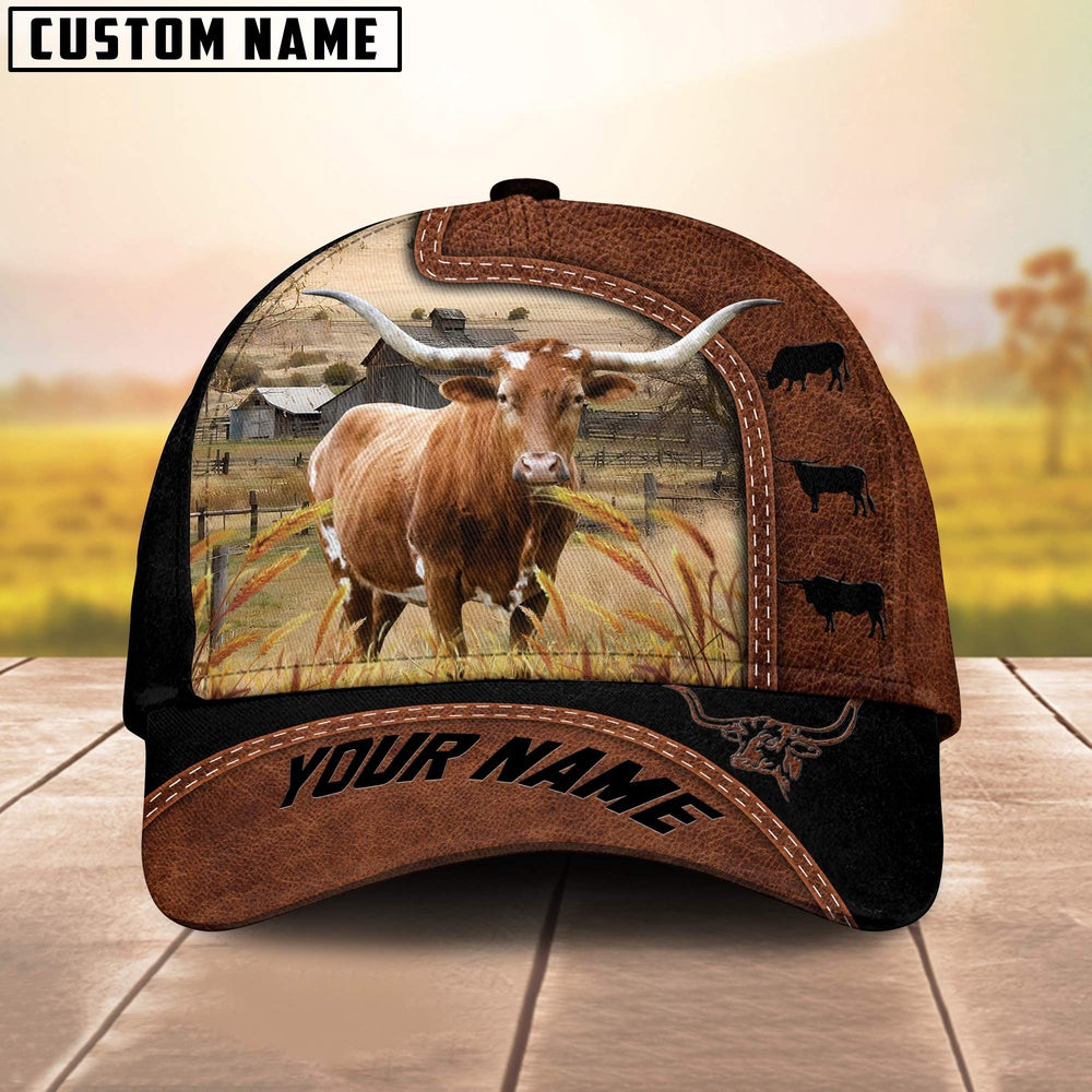 Custom Name Texas Longhorn Brown Black Leather Pattern Cap, Farmer Cap, Vintage Farmer Hat, Mens Farmer Hats, Cap For Farmers
